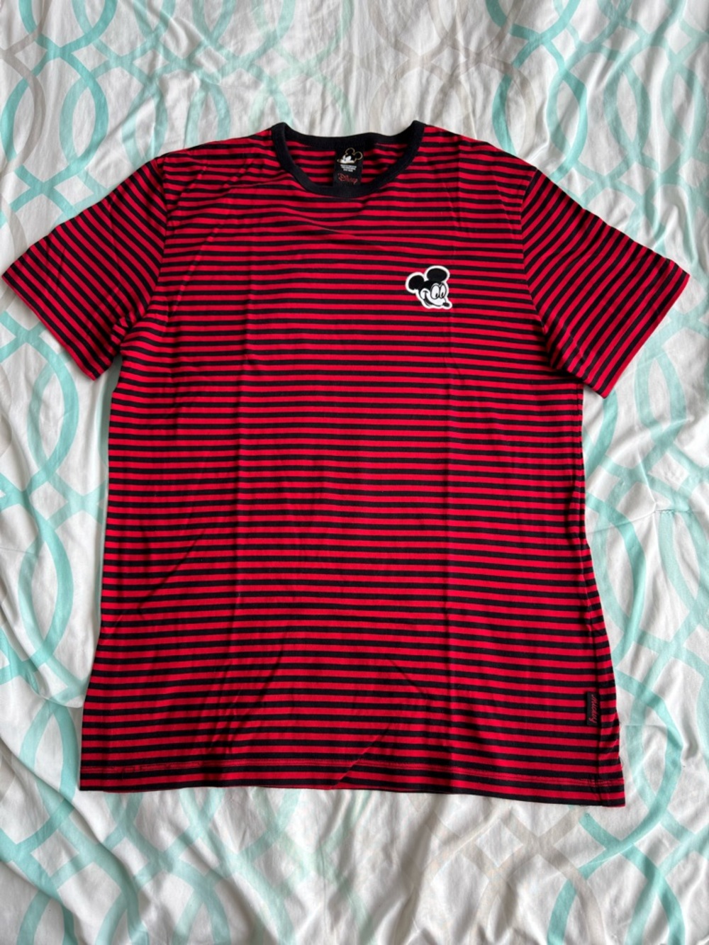 Disney Red and Black Striped Mickey Mouse Short Sleeve Tee